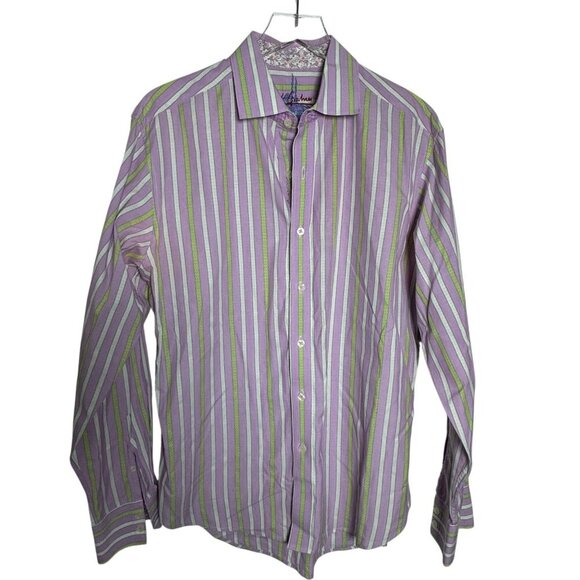 ROBERT GRAHAM Mens size Large Purple stripe dress shirt flip cuffs - Picture 13 of 13
